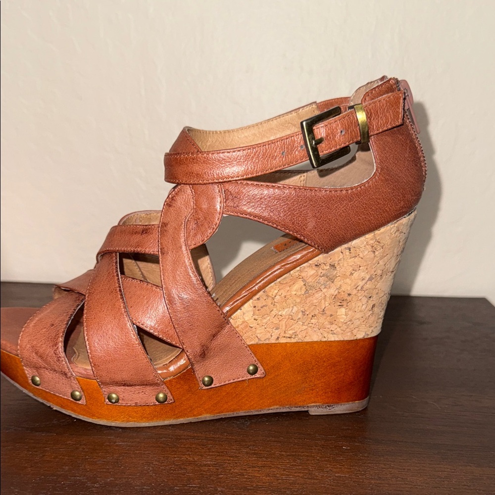 Miz Mooz Kay Cognac Leather Strappy Cork Wood Wedge Sandals Brown Womens - Picture 5 of 12